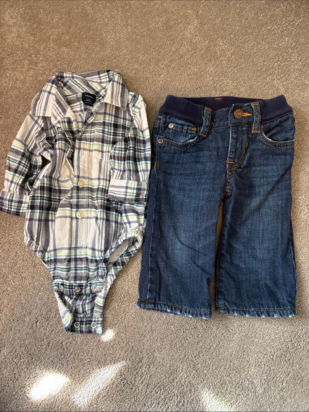 GAP Boys Plaid Button Bodysuit and Dark Blue Jeans Set